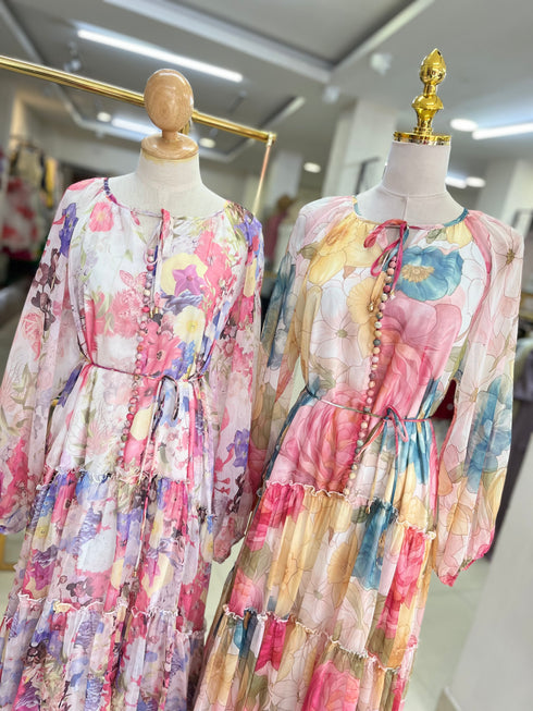 Multi Button Down Floral Waist Tie Long Maxi Dress